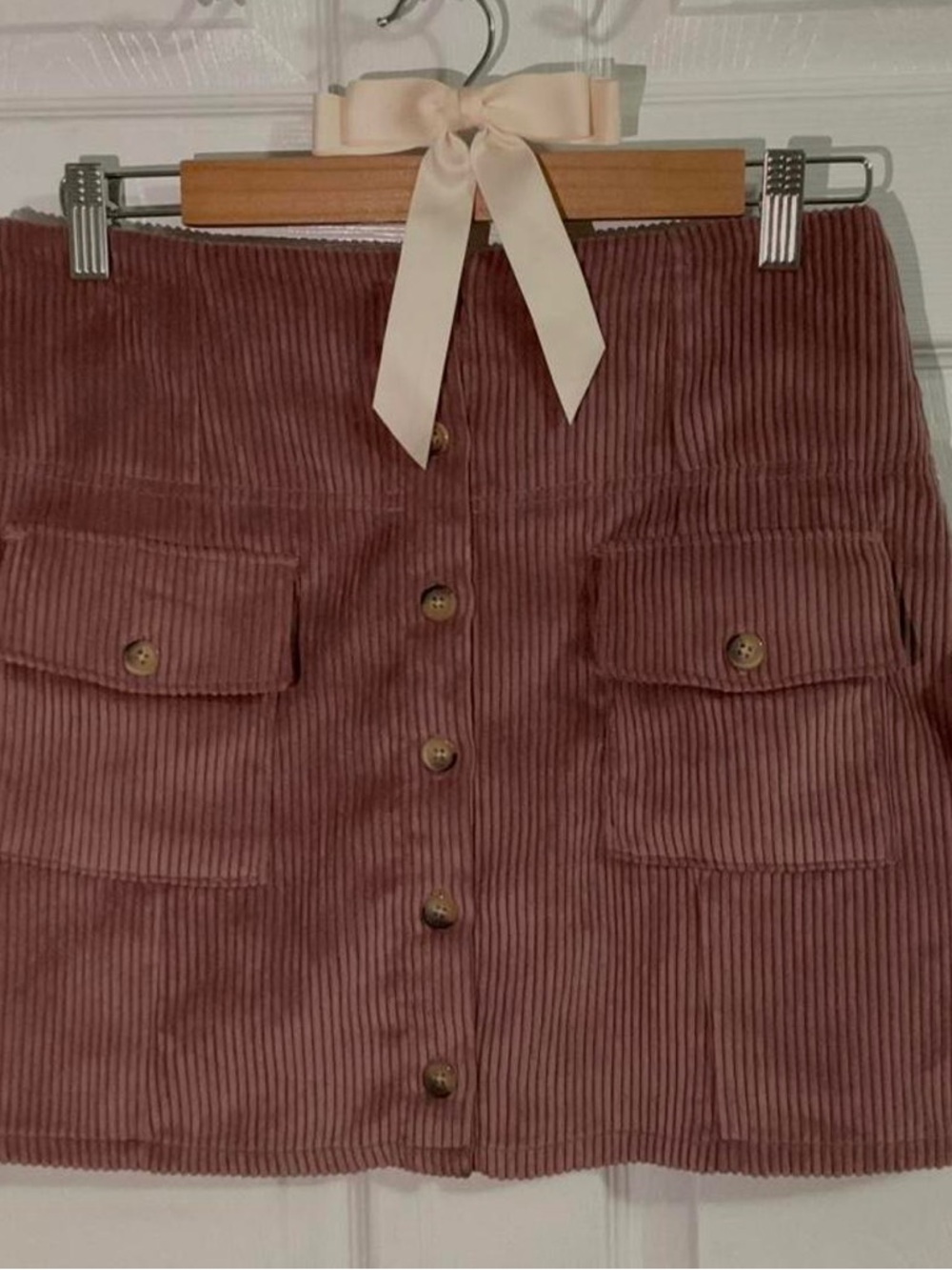 Button-Front Pink Corduroy Mini Skirt
